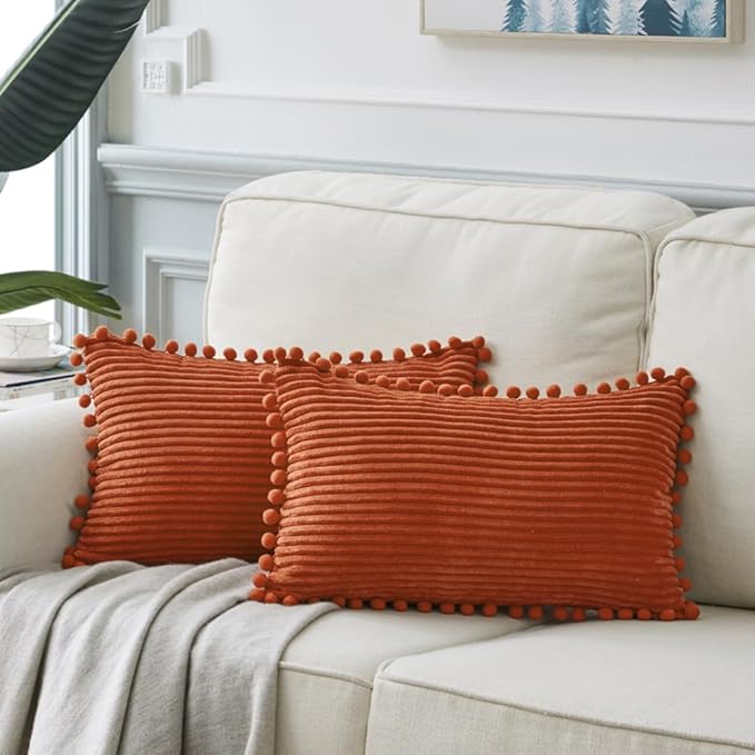 Fancy Homi 2 Pack Burnt Orange Lumbar Decorative Throw Pillow Covers 12x24 Inch with Pom-poms for Couch Bedroom Sofa, Soft Corduroy Rectangle Cushion Case 30x60 cm, Farmhouse Boho Fall Home Decor