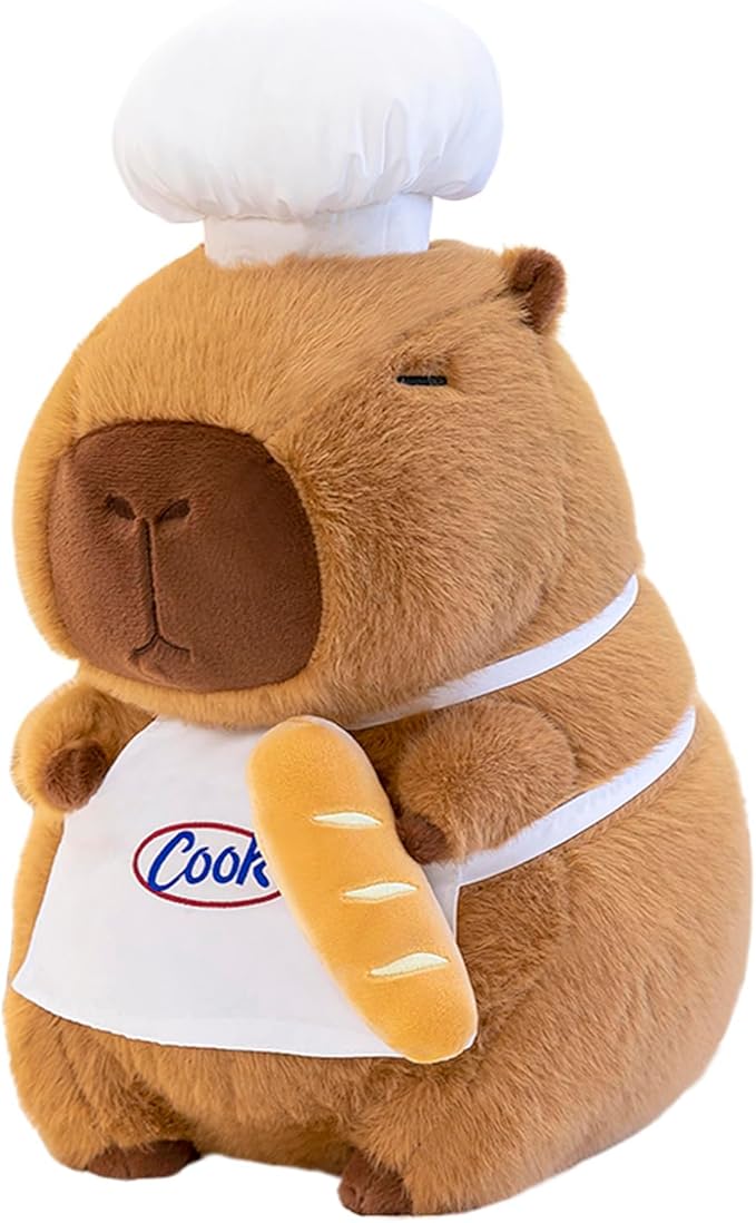 Capybara Plush with Cooking Chef Hat Bread 13.7 inch Cute Capibara Stuffed Animal Ultra Soft Plushies Toys Kawaii Gifts for Kids Brown