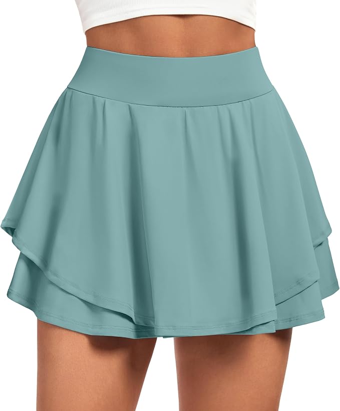 IUGA Tennis Skirt Pleated Skorts for Women with Pockets Skirts for Women | Double Ruffle Skort , Built-In Shorts, 2 Pockets, Tummy Control Breathable, Quick-dry, for Golf, Athletic, Running, Workout