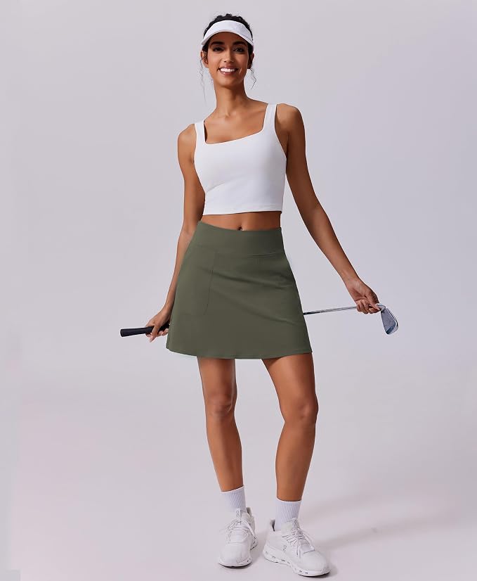 PINSPARK 17" Golf Skorts for Woman High Waisted Tennis Skirt with 4 Pockets | Lightweight, Quick Dry, 4-Way Strecth, Breathable, Tummy Control, UPF 50+ Athletic Skort for Workout, Pickleball, Gym, Casual