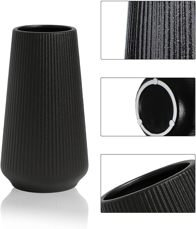 Black Ceramic Vase, 8 Inch Flower Vase for Pampas Grass, Modern Minimalist Ribbed Decorative Vase for Living Room Table, Shelf Decor