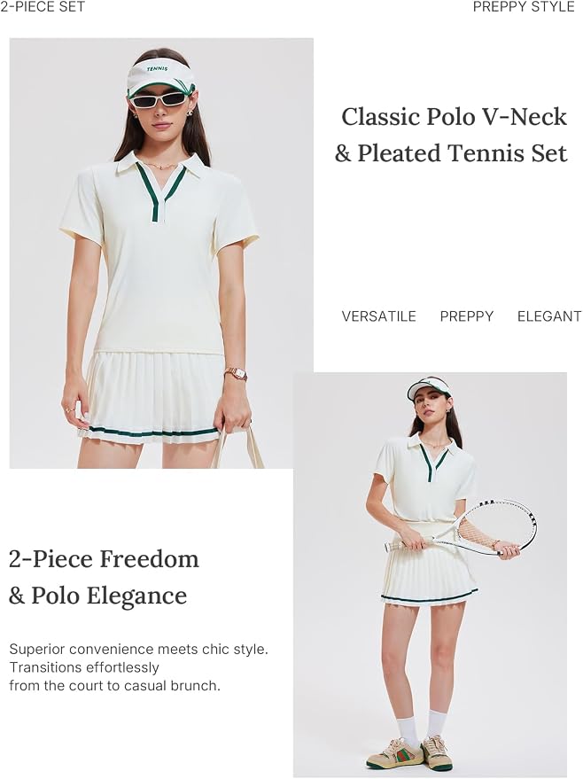 Women 2 Piece Tennis Skirt Set Pleated Golf Outfit, Polo V-Neck Athletic Dress Alternative Skort Set for Pickleball Pockets