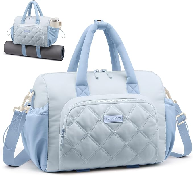 LOVEVOOK Small Gym Bag for Women with Yoga Mat Holder, Workout Bag with Large Tumbler Holder Pocket,Carry on Bag for Workout Dance Pilates Ballet Swimming Travel，Light Blue
