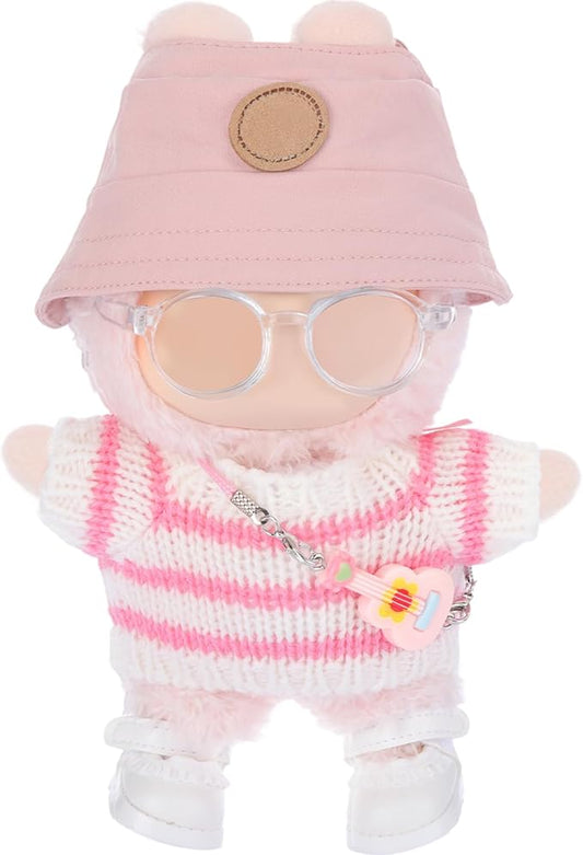 5 Pcs Stylish Set for 17cm Dolls with Fashion Hat, Guitar, Transparent Glasses, Shoes and Sweater Outfit Set, Cute Doll Style Accessories Gift (Sweet, Pink)