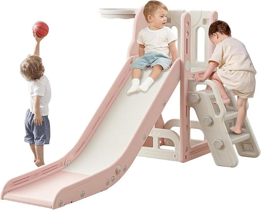 Toddler Slide,Kids Climber Slide with Storage Space and Non-Slip Steps,Indoor Outdoor Playset with Basketball Hoopa and Telescope,Slide for Toddlers Age 1-3