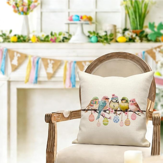 RABUSOFA Easter Pillow Covers 18x18 inch Easter Decorations Pink Birds Colorful Eggs Throw Pillows for Bedroom Sofa Holiday Festivals Home Decor