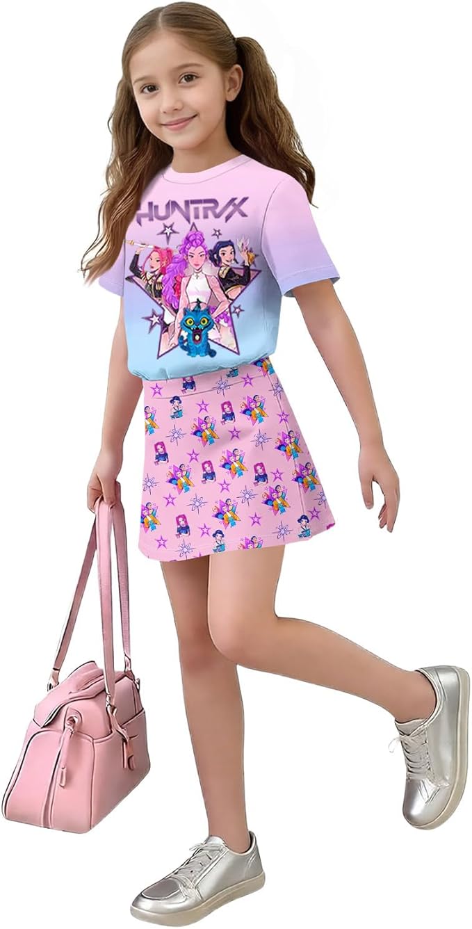 HTHLVMD K Pop Short Sleeve T-Shirt and Skirts Outfits Set for Girls Hunters Rumi Mira Zoey Graphic Tees De-Mon Costume