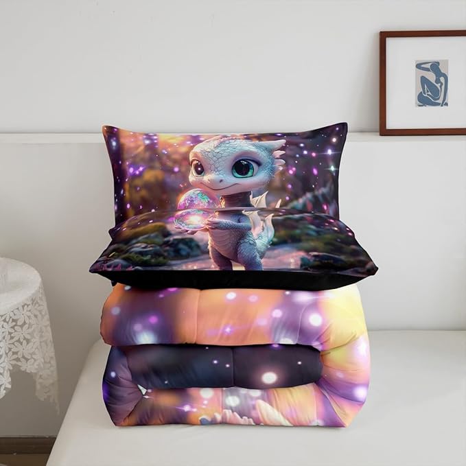 Feelyou Dragon Comforter Set Full Size Cute Comforter for Boys Girls Teens Wild Life Bedding Set Dragon Decor Duvet Set Room Decor Pink Purple Quilt Set