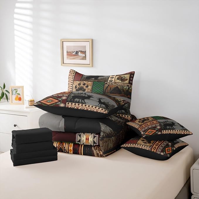 Feelyou Rustic Cabin Bear Deer Comforter Set with Sheets 7 Piece King Size Wild Animal Bedding Set for Kids Boys Girls Hunting Theme Bed in a Bag Western Farmhouse Room Decor Soft Microfiber