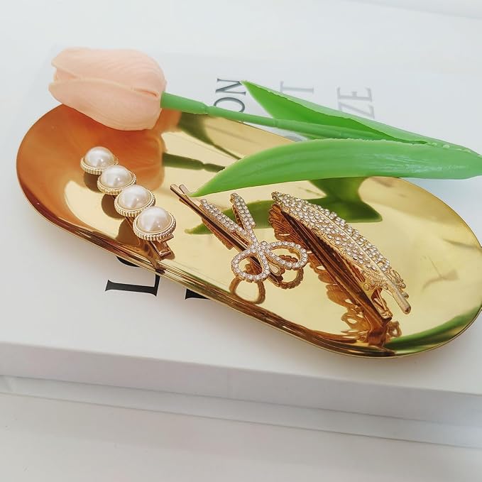 2 Pcs 7" Stainless Steel Decorative Jewelry Tray Ring Holder Dish | Jewelry for Ring Dish Cosmetics Organizer Bathroom Clutter Serving Platter Small Storage Tray, Oval, Gold