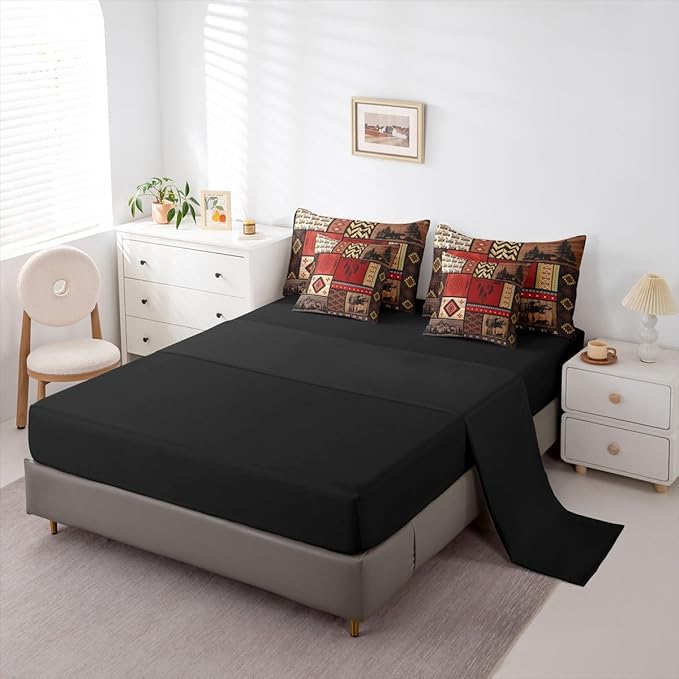 Feelyou Rustic Cabin Bear Comforter Set with Sheets 7 Piece King Size Farmhouse Hunting Deer Bed in a Bag Kids Boys Girls Retro Bohemian Bedding Set Buffalo Plaid Bedroom Decor Soft Microfiber