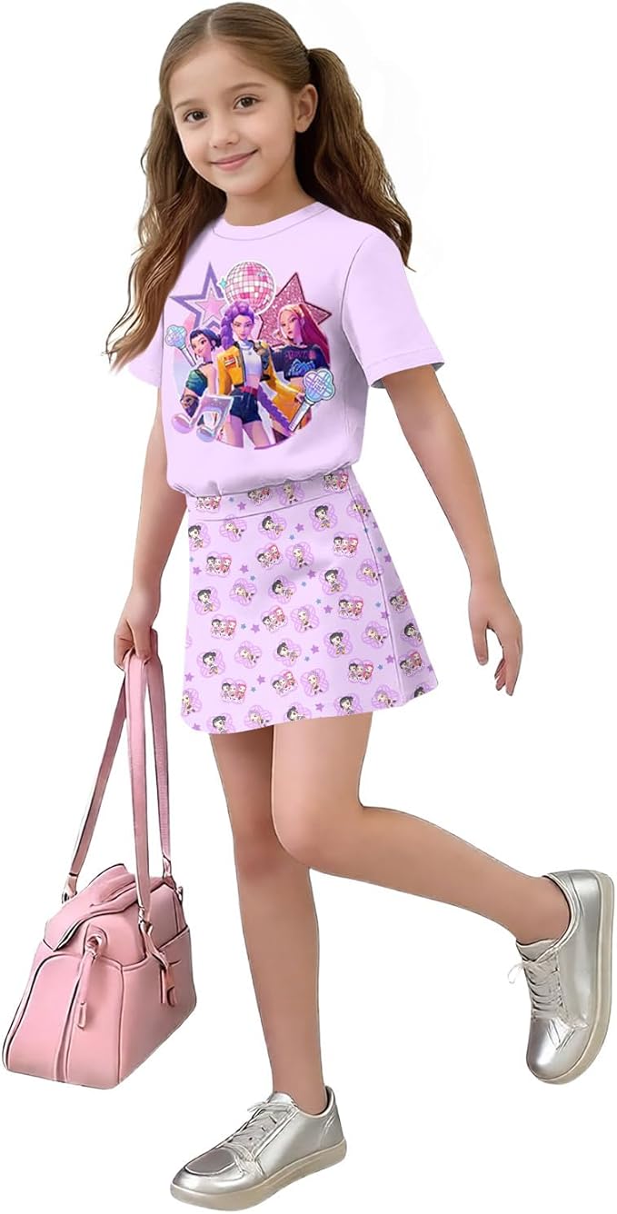 HTHLVMD K Pop Short Sleeve T-Shirt and Skirts Outfits Set for Girls Hunters Rumi Mira Zoey Graphic Tees De-Mon Costume