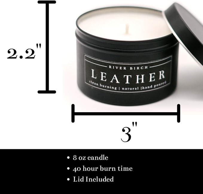 Leather Scented Candle | (Smells Just Like Leather) Scented Candles for Men & Women | All-Natural Non-Toxic Soy Candles, Scented Candles | Tin Travel Candle | Relaxing Aromatherapy Matte Black 8 oz