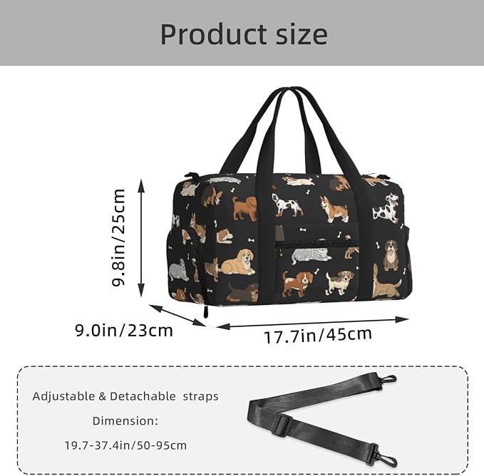 Fiokroo Sports Gym Bag Cute Dogs Black Travel Duffel Bag For Men Women With Shoe Compartment Water Resistant Gym Bag Carry On Duffel Bag For Weekend Traveling Yoga Gym Sports