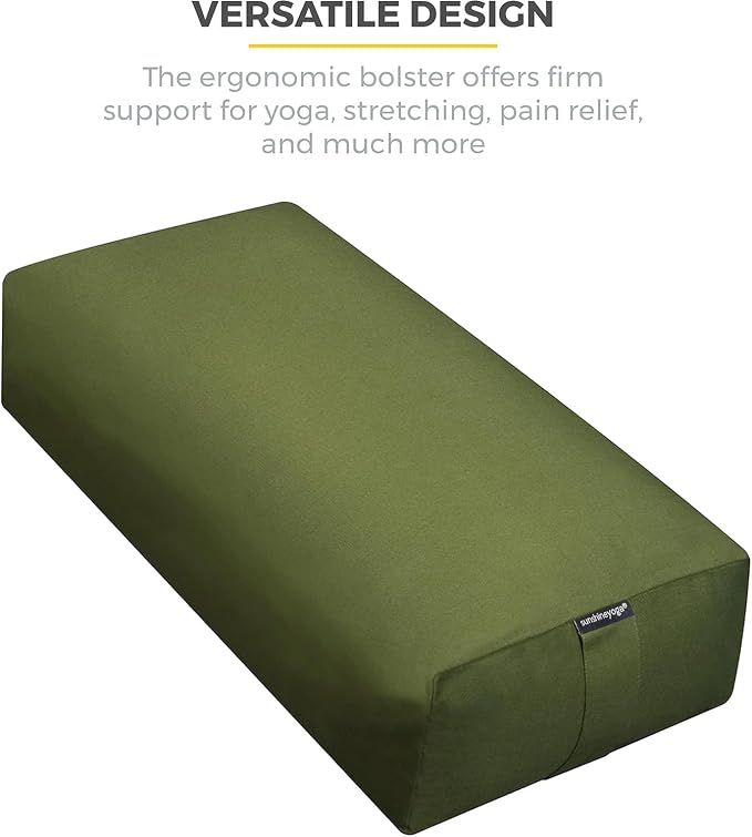 Extra Firm Large Yoga Bolster, 24" x 12" x 6" Cinched OR Zippered Yoga Pillow, Rectangular Cotton Cushion With Removable Cover for Studios, 1 Pack or 2 Pack