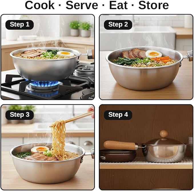 50oz Korean Ramen Pot Set, 18/8 Stainless Steel 7.5in Ramen Cooking Pot, Coating-Free One-Person Dining Set, Wooden Handle Bowl, Fork Spoon Chopsticks&Sauce Dish, Safe for Gas Stove