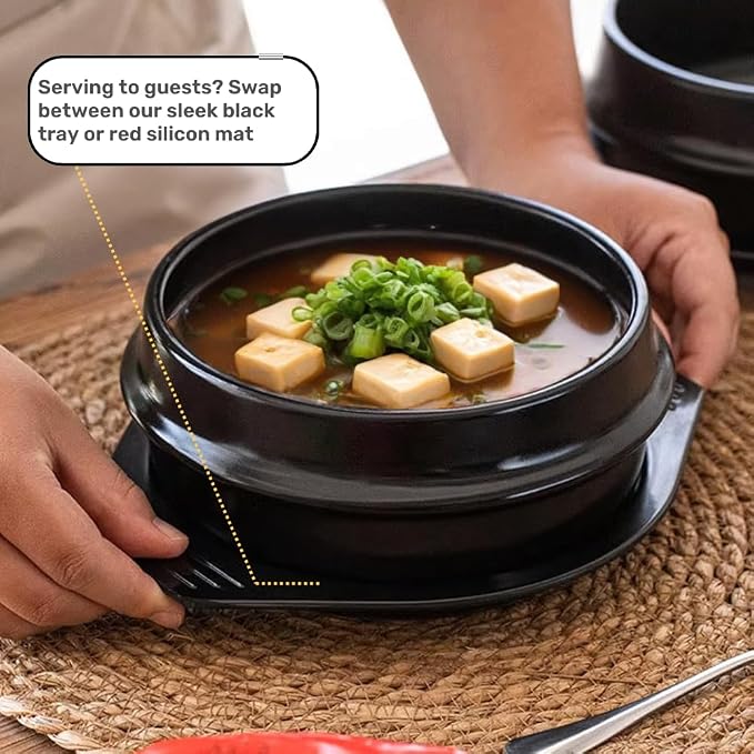 Korean Stone Pot Set, Dolsot Ttukbaegi Cookware, 38.7oz | 7 Piece Set, 38.7oz, Hot Pot Grip, For Bibimbap Soup Jjigae and Ramen, Ceramic Earthenware, Korean Soup Bowl