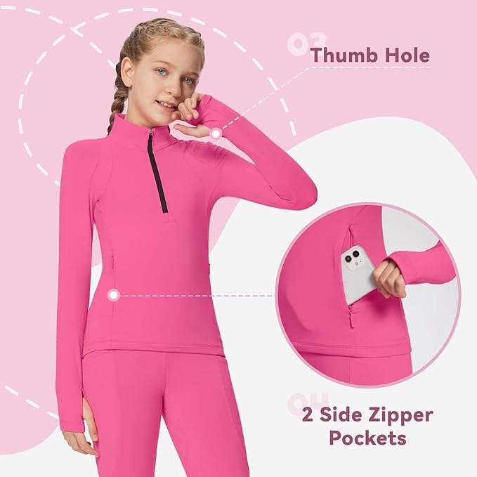baleaf Girls Long Sleeve Shirts Fleece Jacket Fall Half Zip Pullover Kids Sweatshirts Athletic Thermal Coat
