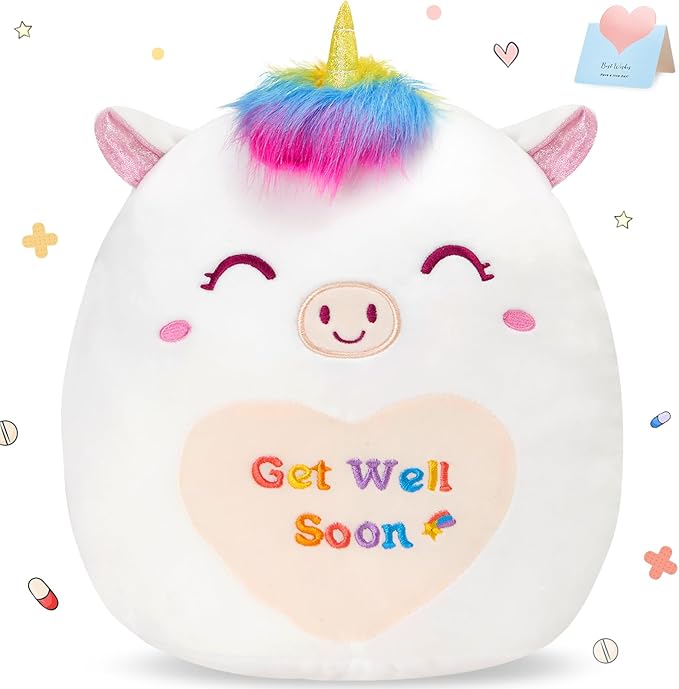 Athoinsu 12" Get Well Soon Unicorn Plush Pillow Soft Sofa Cushion Squishy Plushie Toy Cute Stuffed Animal Room Decor Feel Better Gifts for Recovering Patient