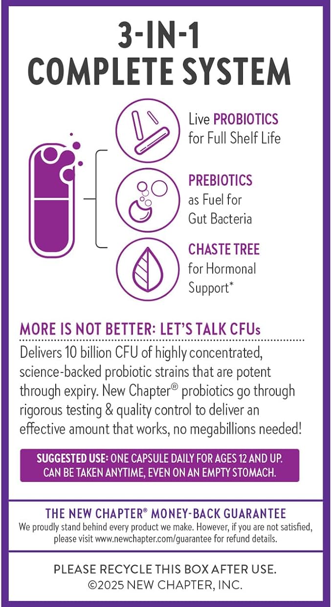 New Chapter Probiotics for Women - 60 ct (2 Month Supply), Women's Daily Probiotic with Prebiotics and Probiotics for Vaginal Health & Chaste Tree for Hormonal Support, 100% Vegetarian, Non-GMO