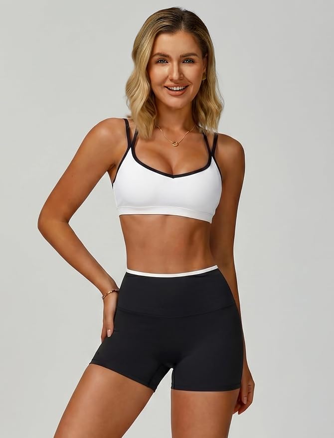 ABOCIW Workout Sets for Women 2 Piece Color Block Strappy Sports Bra High Waist Shorts Gym Yoga Pilates Outfits
