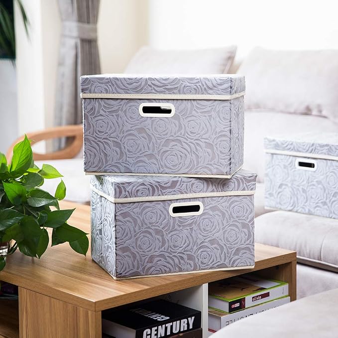 Collapsible Storage Boxes with Lids Fabric Decorative Storage Bins Cubes Organizer Containers Baskets with Cover Handles Divider for Bedroom Closet Living Room 14.9x9.8x9.8 Inch 1 Pack