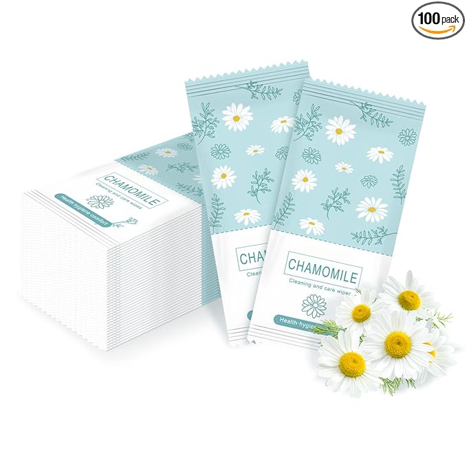 Travel Feminine Hygiene Wipes, Individually Wrapped Wipes, 100 Pack | Chamomile pH-Balanced Feminine Wipes, Individually Wrapped Portable Large Hygiene Wipes for Friends & Homeless Care