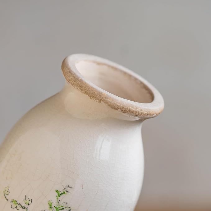 Vintage Rose-Floral Small Ceramic Vase Set, Retro Rustic Farmhouse Cute Flora Vase Gift, Art Décor for Your Home, Kitchen, Bedroom, Office, Living Room, Bathroom & Shelf Centerpiece Table Decorations