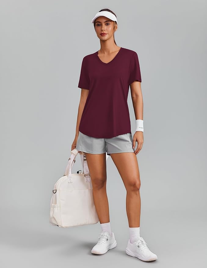 PINSPARK Soft Workout Tops for Women Short Sleeve V Neck Moisture Wicking UPF 50+ Sun Protection Quick Dry Gym Shirts