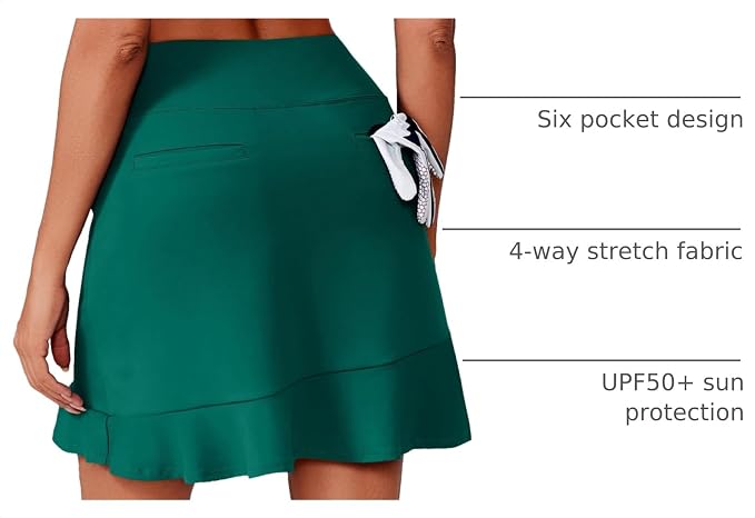 PINSPARK 18" Golf Skorts for Women with 6 Pockets Ruffle Athletic Skort | Above the Knee,High Waist,UPF 50+,4-way Stretch,Lightweight,Ruffle Hem,Tennis,Casual,Work,Pickleball