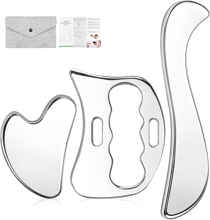 3-in-1 Stainless Steel Gua Sha Massage Tool Set, Muscle Scraper & IASTM Tools for Soft Tissue Mobilization, Myofascial Release, Body Skin Massage, Physical Therapy Sore Muscle Relief with Travel Pouch
