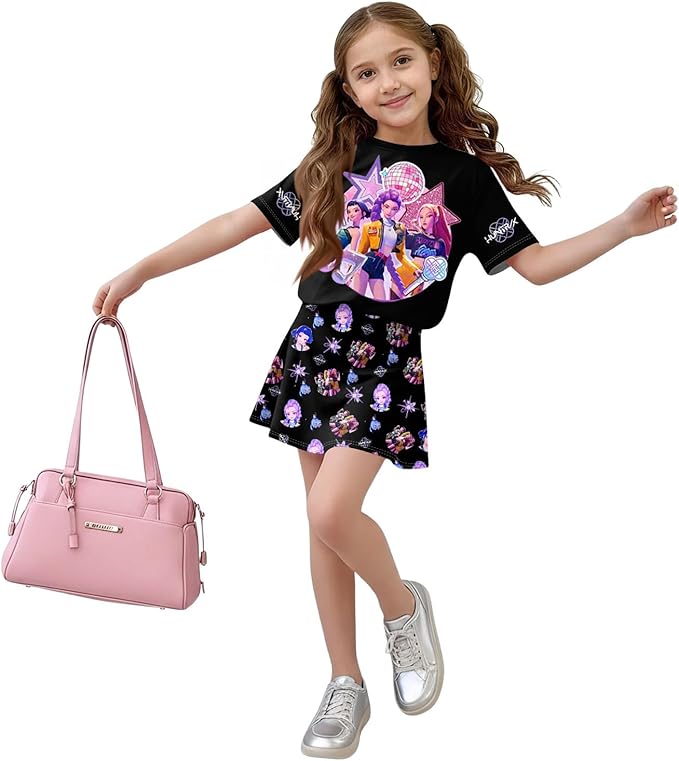HTHLVMD K Pop Short Sleeve T-Shirt and Skirts Outfits Set for Girls Hunters Rumi Mira Zoey Graphic Tees De-Mon Costume