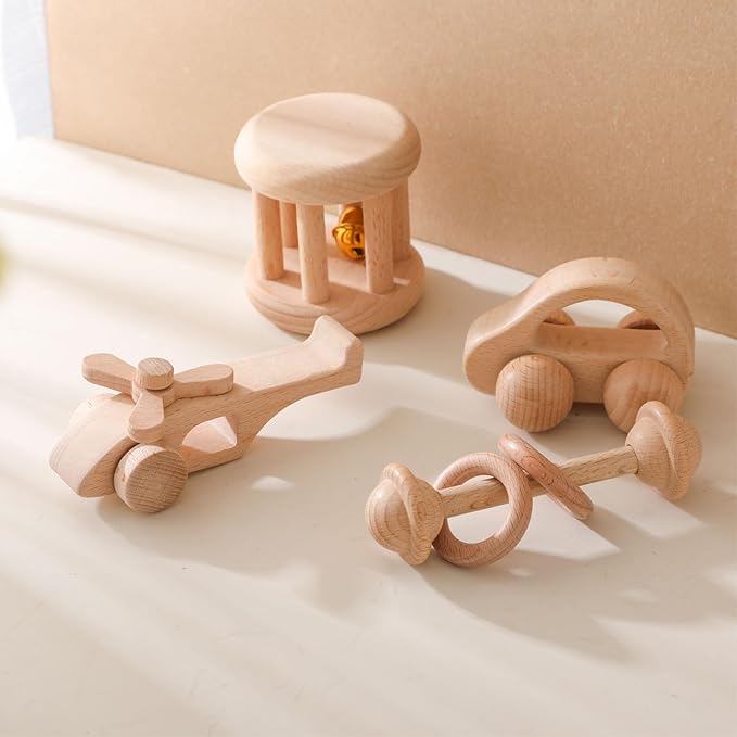 Wooden Baby Rattle Set - Montessori Grip Toy for Newborns, Natural Wood Gift Set of 3