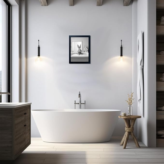 Kids Bathroom Wall Art Black and White Cute Animal Canvas Print Painting Funny Rabbit in Bathtub Bathroom Picture Wall Decor