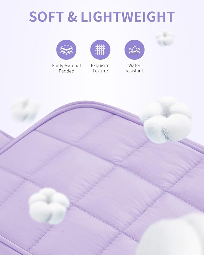 Narwey Quilted Makeup Bag Puffy Make up Bag Cosmetic Bag Organizer, Puffer Travel Toiletry Bag for Traveling Women Girl, Travel Bag for Toiletries, Skincare Medicine Bags (Purple)
