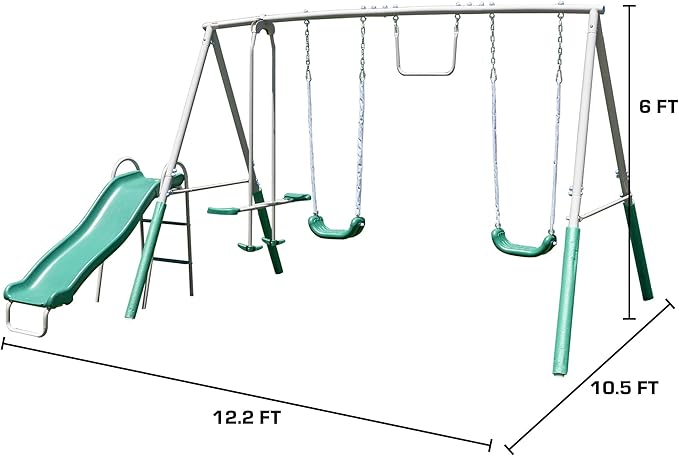 The Swing Company 600LBS Yonkers Metal Swing Set, Outdoor Backyard Playset Kids Aged 3-8 with 2 Swings, Glide Ride, Trapeze, 5ft Slide, Anchor Kit, 6ft Durable Steel Frame