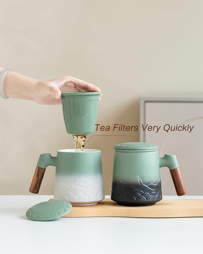 ZENS 16.9 oz Embossed Ceramic Tea Mug with Infuser and Lid, Loose Leaf Steeper, Wood Handle, Matte Glazed, Gift for Tea Lovers