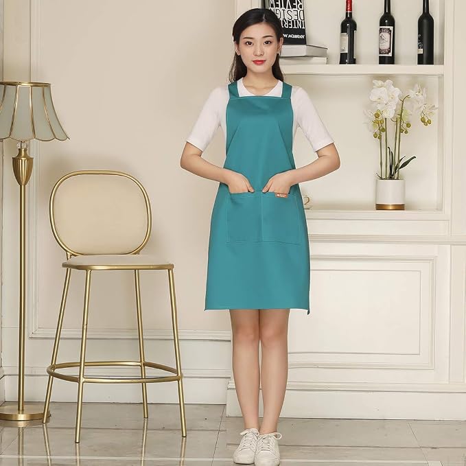 NEWGEM 100% Cotton Cross Back Apron for Women with 2 Pockets - Adjustable Button Straps Pinafore, No Neck Pain Kitchen Chef Apron for Baking, Gardening, Art Teacher (Light Green)