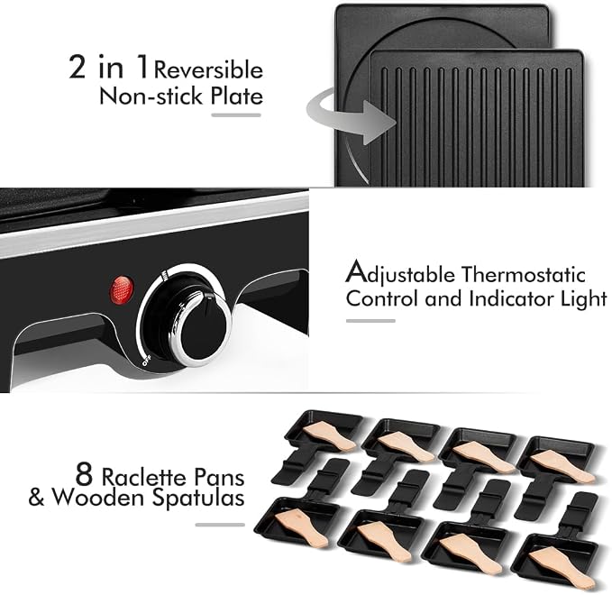 Raclette Table Grill, CUSIMAX Electric Indoor Grill Korean BBQ Grill, Black | 1500W/2 in 1 Reversible Non-stick Plate/Crepe Maker with Adjustable Temperature Control/8 Raclette Pans & Wooden Spatulas