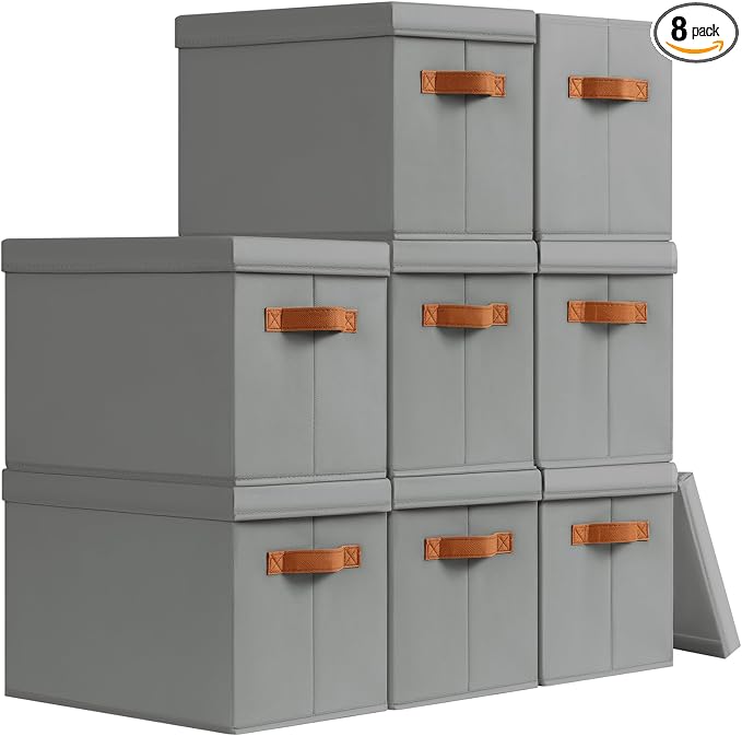 Storage Bins with Lids - Fabric Storage Baskets for Shelves, 8 Pack Foldable Decorative Boxes with Handles, Stackable Organizer Bins for Home, Nursery, Dorm, Grey