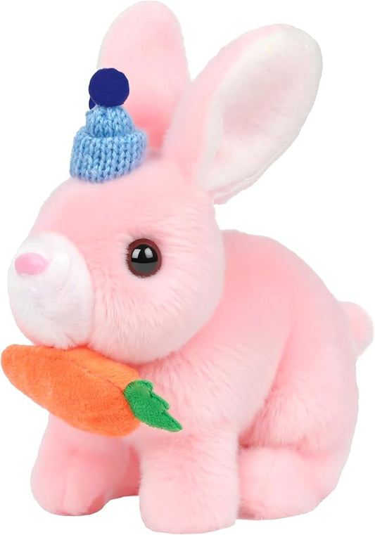Easfan Hopping Bunny Plush Jumping Spotted Pink Rabbit with Hat Ears Nose Moving Educational Plush Toy Interactive Toy Electric for Toddlers Kids,7"
