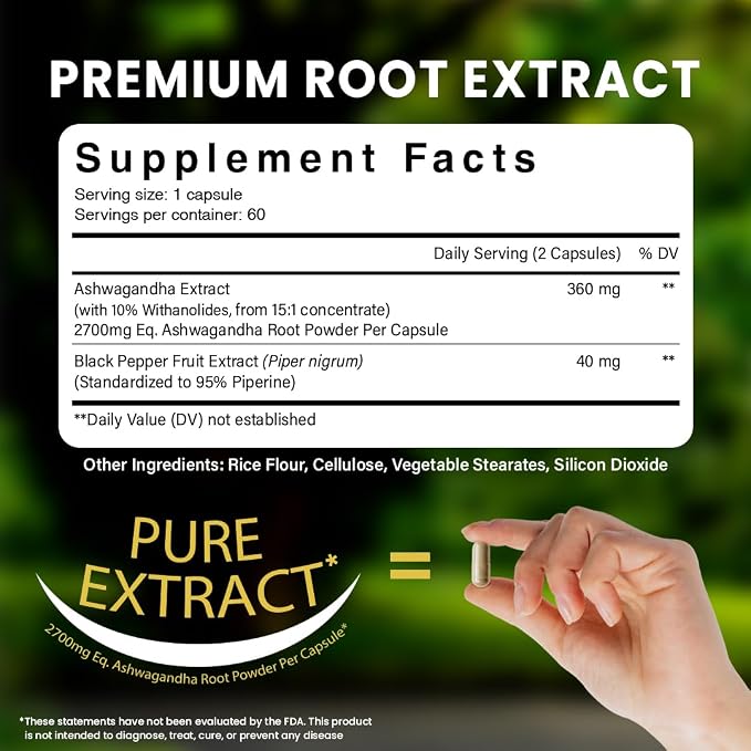 NooMost Ashwagandha Root Extract 15:1 with Black Pepper for Better Absorption - 60 Capsules - Natural Stress, Energy, Focus & Sleep Support - Adaptogen Supplement for Men & Women - Made in USA
