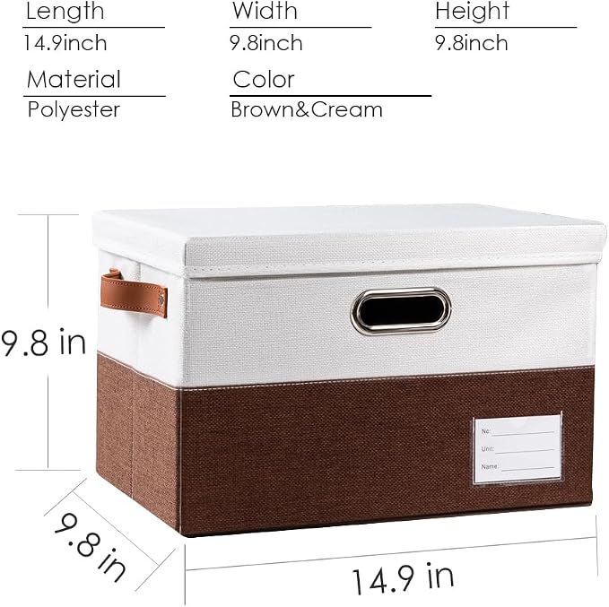 Foldable Storage Bins with Lids [3-Pack] Fabric Collapsible Storage Boxes Baskets Cubes Containers with Handles for Closet Living Room Bedroom (Brown & White 14.9x9.8x9.8'')