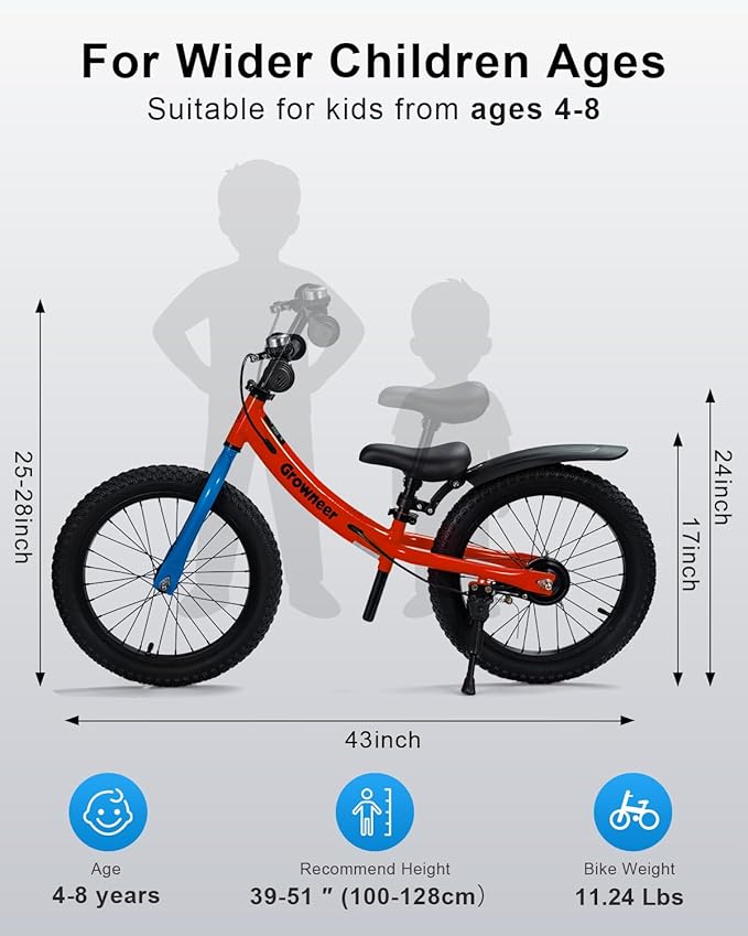 GROWNEER 16" Kids Balance Bike for 4-8 Year Old Boys Girls, Lightweight High Carbon Steel Frame Bicycle, Adjustable Padded Seat & Handlebars, Rear Brake, All-Terrain