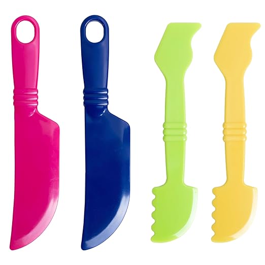 Ready 2 Learn Dough Cutting Tools | 4 Piece Playdough Accessories | 2 Knives and 2 Spatulas | Clay and Dough Tools for Toddlers | Chunky Plastic Cutters