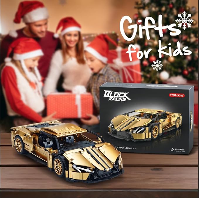 Sports Car Building Set for Adults - 1:14 MOC Toy Car Building Block, Racing Car Model Kit Gifts for Boyfriends,Boys and Teens Age 8-14 (Gold)