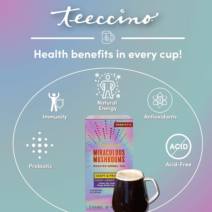 Teeccino Miraculous Mushrooms Adapt & Protect Herbal Tea By Teeccino, 25 Tea Bags - Five Organic Adaptogenic Mushrooms with Chicory & Cacao, 3x More Herbs than Regular Tea Bags, Caffeine Free, Prebiotic