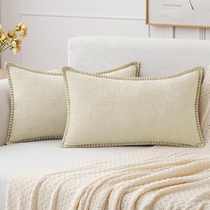 MIULEE Decorative Lumbar Throw Pillow Covers 12x20 Inch Cream White 2 Pack | Farmhouse Pillow Covers with Stitched Edge, Soft Chenille Cushion Cases, for Couch Sofa Bed Living Room Home Decor