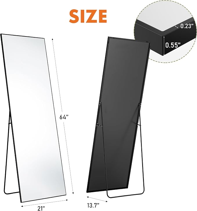 OLIXIS 64"x21.5" Full Length Mirror with Stand, Body Mirror | Shatter-Proof Glass, Hanging or Leaning for Wall, Floor Standing, Bedroom Living Room, Long, Black