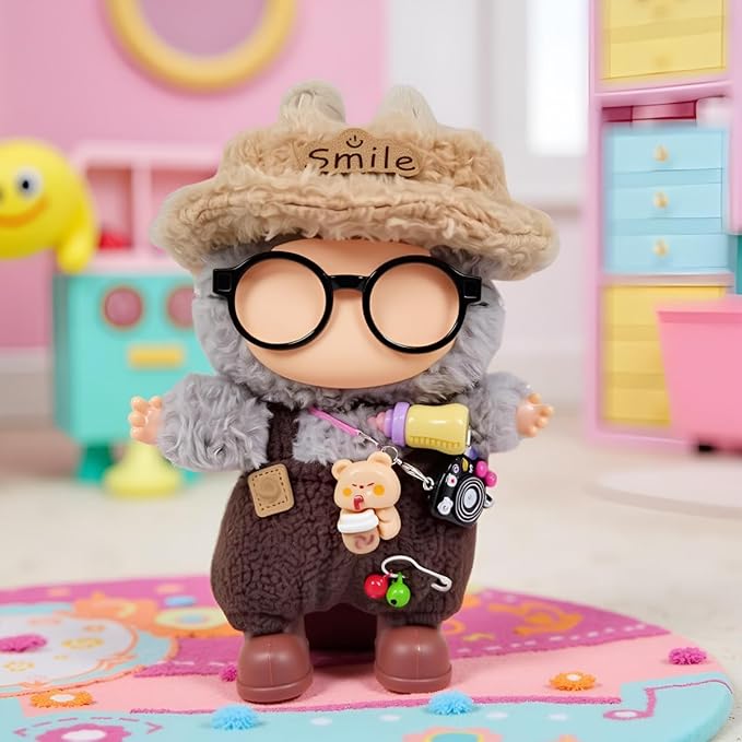 Doll Clothes Outfit and Accessories Suitable for 17cm Dolls, 5 Piece Set Romper Hat Camera Backpack Glasses Shoes (No Doll) Brown